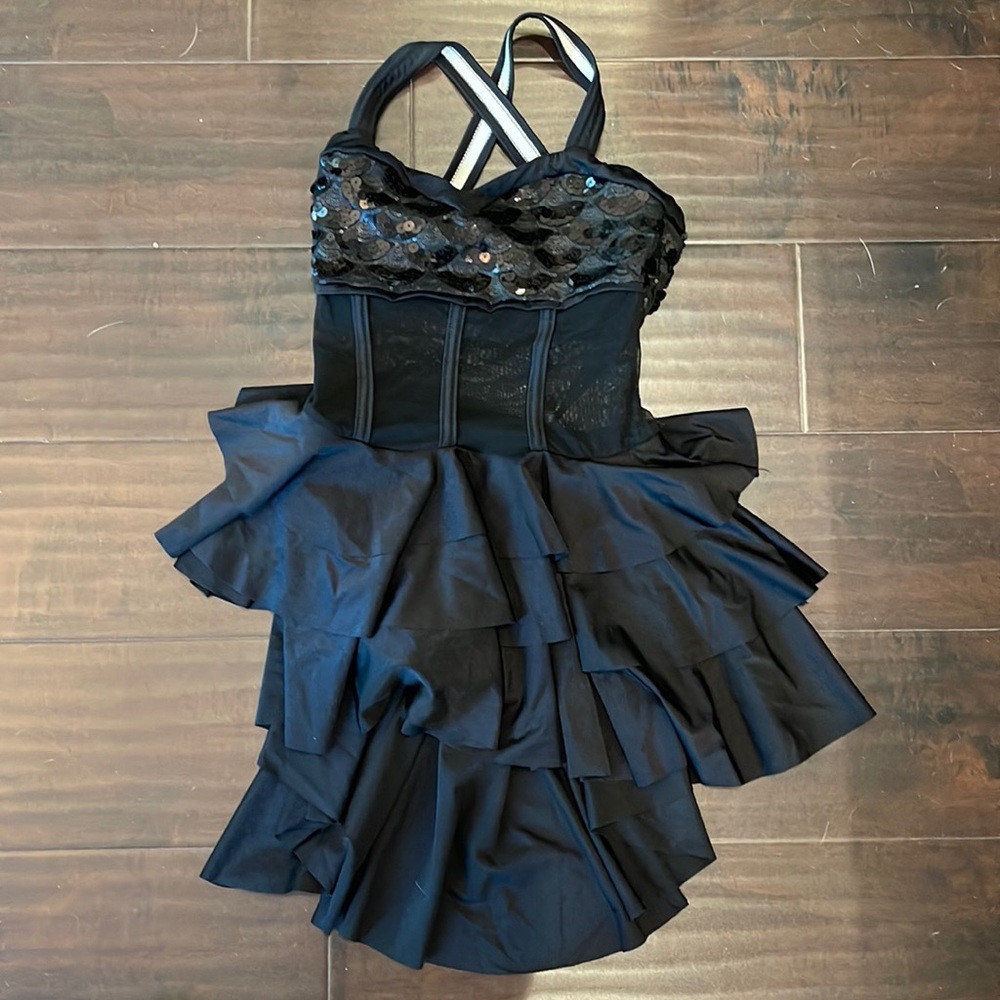 Kelle Teen Costume, black with layered skirt, mesh waist and sequin bust.